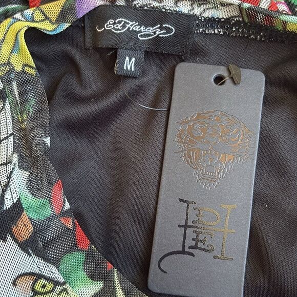 Ed Hardy Multicolor Tattoo Art Collage Print Mini Mesh Short Sleeve Tee Dress - Picture 4 of 9